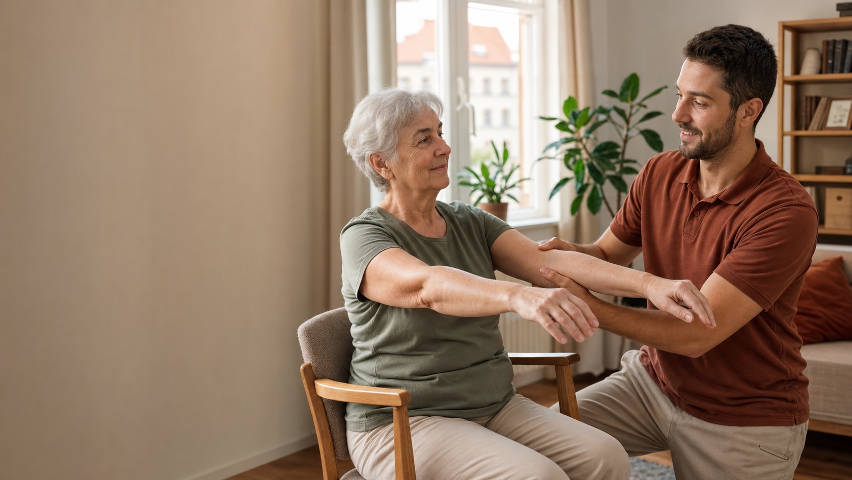Physiotherapeut begleitet eine ältere Patientin bei einer Übung zu Hause